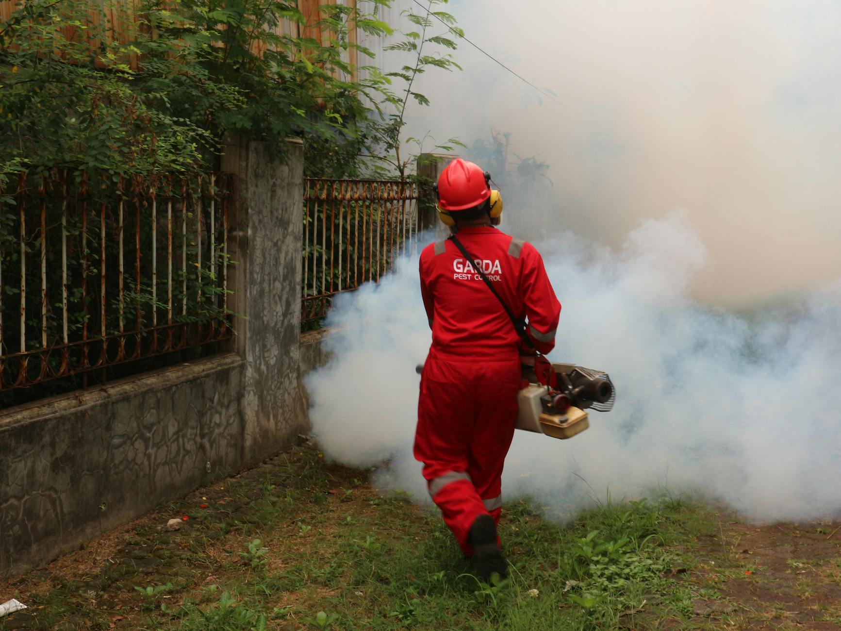 pest exterminator fogging the yard