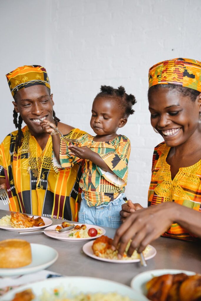 a happy family eating together